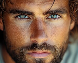 Fototapeta premium Focused Portrait of a Man With Striking Blue Eyes and a Rugged Beard Captured in Natural Light, Highlighting His Intense Expression and Features