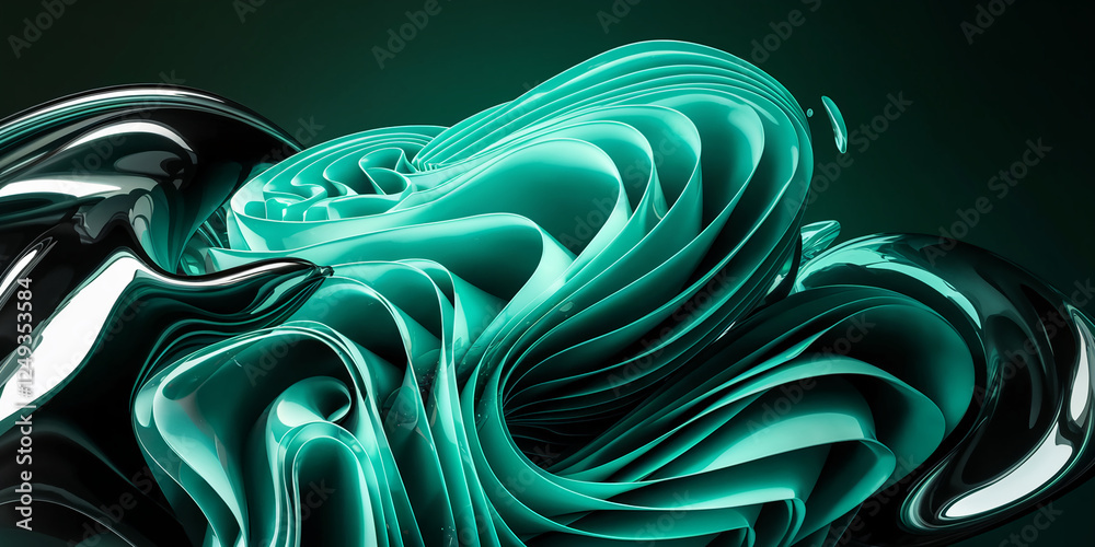 Aufkleber A captivating abstract composition with green and black fluid shapes, intertwined and dynamic, showcasing futuristic and glossy design elements with high contrast lighting.