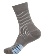 A single grey athletic sock designed for comfort and durability with reinforced heel and toe, featuring blue accent lines on the cushioned sole. The sock is on a mannequin foot