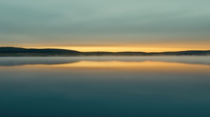 Fototapeta premium A serene sunset reflecting on a still lake with gentle hills in the background.