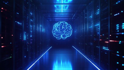 AI brain in server room; futuristic, digital