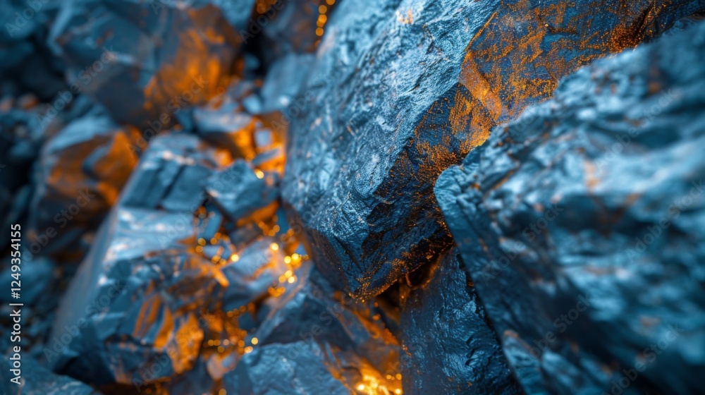 Poster Rugged rocks with a shiny surface reflect soft orange light, creating a captivating contrast against the dark hues of the surrounding stones, evoking a sense of tranquility.
