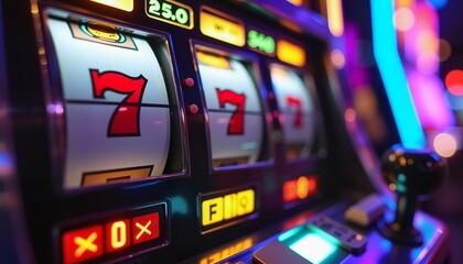 Colorful casino slot machine close-up with neon lights, perfect for gaming themes