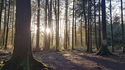 Naklejka premium Serene Sunlight Filtering Through Trees in a Peaceful Forest Scene