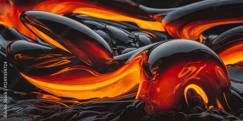 Poster a photo of an abstract painting with fiery orange and glossy black fluid shapes, showcasing dynamic 