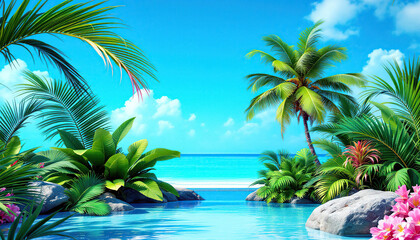 Tropical Beach Paradise Pool Scene with Palm Trees