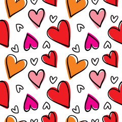 Seamless pattern with hand drawn cute red hearts vector illustration. Heart shaped vector illustration set. Mothers day, greeting card, wallpaper or gift wrapping design.