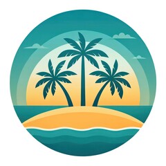 Obraz premium Scenic Ocean Beach with Palms Landscape Vintage Retro Sunset Illustration on White Background