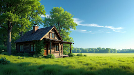 Fototapeta premium Small wooden cabin in a green field surrounded by trees under a clear blue sky