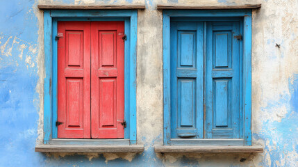 Fototapeta premium Serene contrast of red and blue shutters on weathered blue wall. peaceful, tranquil scene