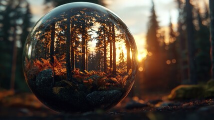A reflective glass sphere in a serene forest at sunset, capturing vibrant foliage and warm light