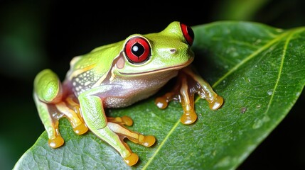 Vibrant red-eyed tree frog perched on a lush green leaf in a tropical rainforest setting