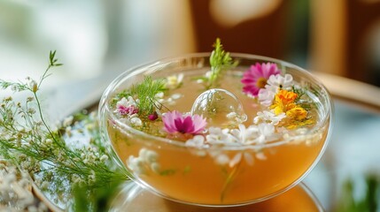 Floral infused drink, glass bowl, sunny cafe, relaxing