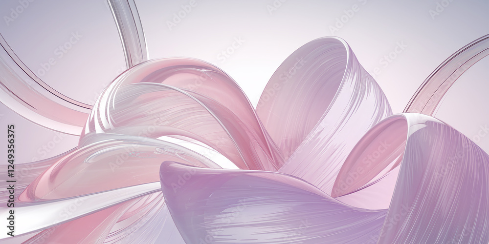 Poster a serene scene of an elegant abstract design featuring soft pastel pink and purple translucent curve