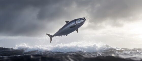 Fototapeta premium Tuna breaching the ocean waves with grace and speed
