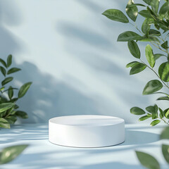 Minimalistic display podium with natural shadows from surrounding foliage, set against a soothing blue backdrop, perfect for product showcases