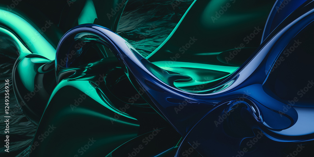Poster futuristic high-tech aesthetic showcasing smooth flowing blue and green glossy fluid shapes in motio