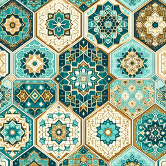 Beautiful Islamic tilework with repeating geometric patterns and background 