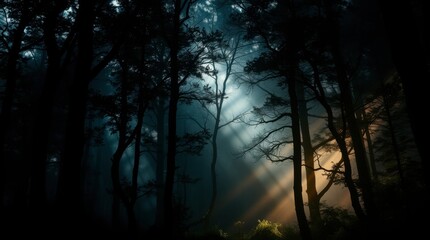 Fototapeta premium Sunlight Streaming Through Dense Woodland Forest with a Mystical Atmosphere