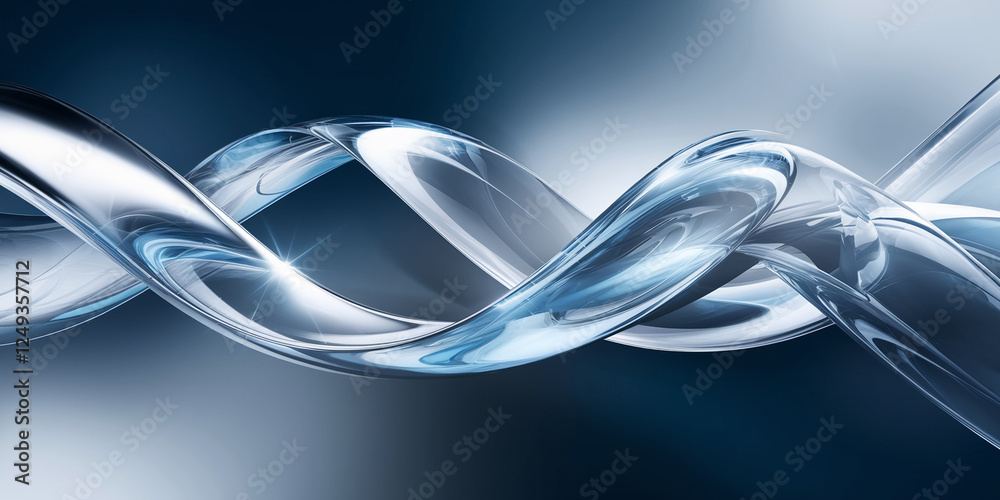 Poster a sleek futuristic abstract design with twisting transparent glass-like elements, glowing against a 