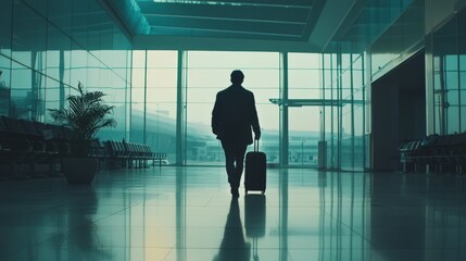 Fototapeta premium A man is walking through an airport with a suitcase