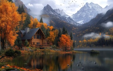 Fototapeta premium Autumn Cabin Lakeside Mountain Retreat