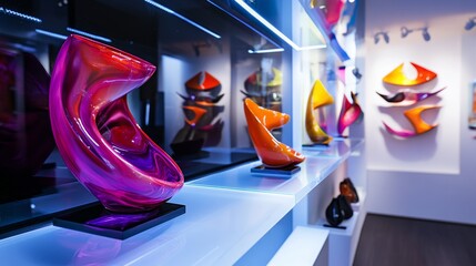 Modern glass sculptures in a vibrant gallery display