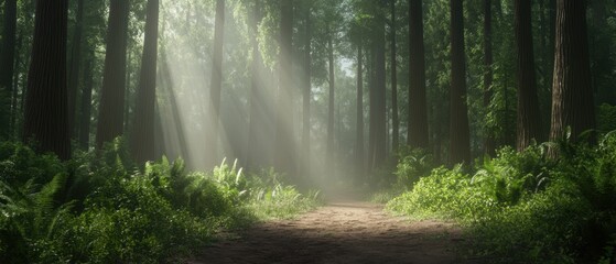 Obraz premium Serene forest pathway with sunlight filtering through tall trees