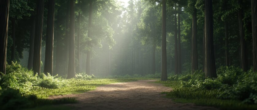 Serene forest path with tall trees and sunlight