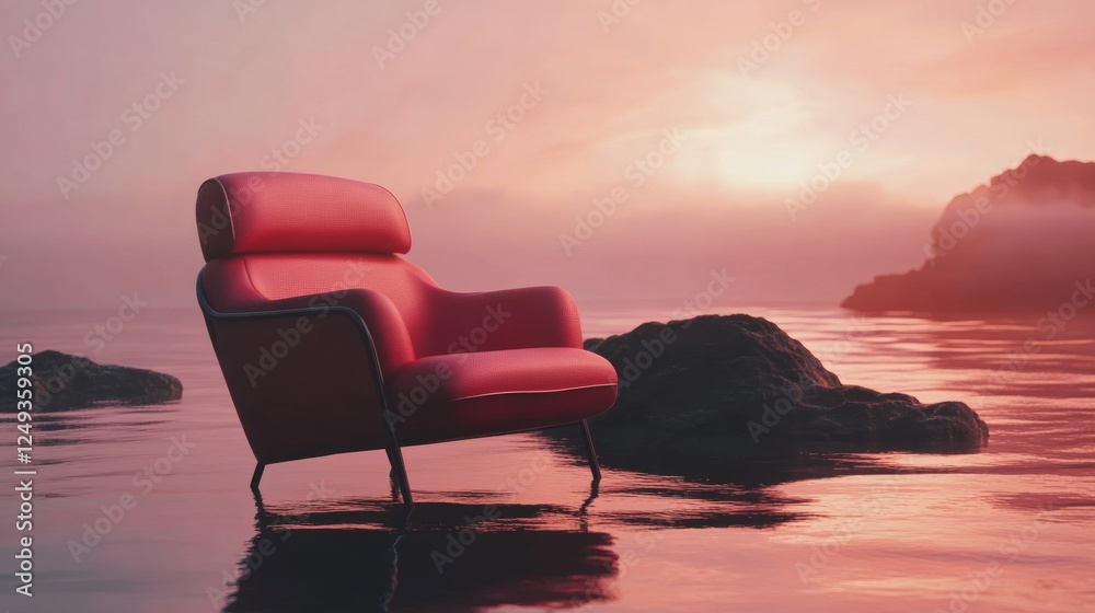 Wall mural Red armchair by the sea at sunset