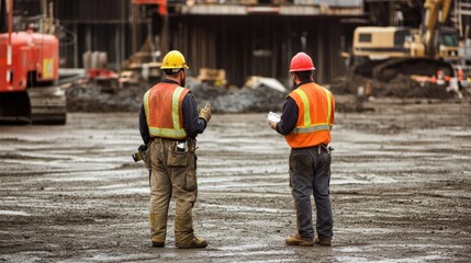 Two men in orange vests stand in a construction site