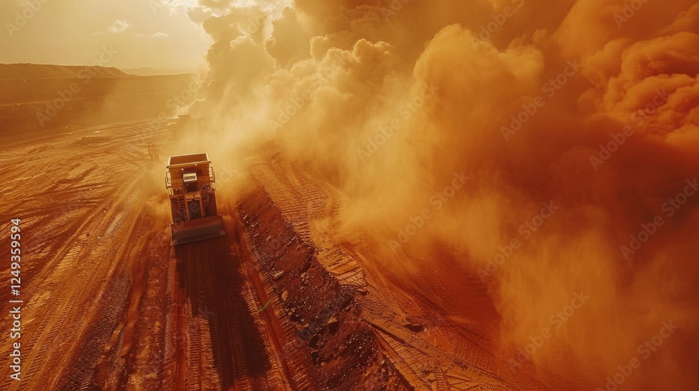 Leinwandbilder a large dump truck navigates through a dusty open pit mining site as clouds of dust swirl in the war