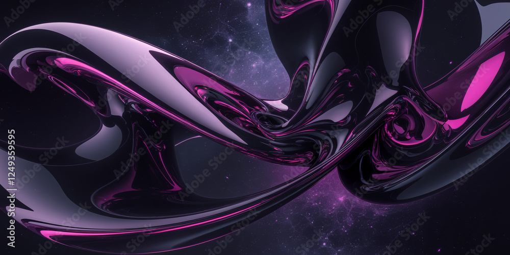 Aufkleber an abstract artwork with a dynamic interplay of midnight purple and glossy black fluid shapes, showc