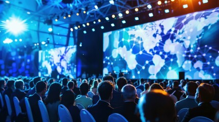 International business conference with speakers, audience interactions, and high-tech presentation tools in a grand event hall. Showcasing global business scale.