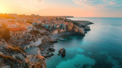 Fototapeta premium Scenic coastal view at sunset with charming houses and tranquil waters.