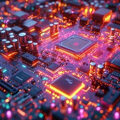 Close-up of a vibrant, illuminated circuit board showcasing advanced technology