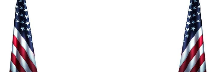Two American flags on white or transparent panoramic background with copy space, US president and government, american national holiday, July 4, Veteran or memorial day web banner