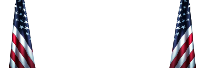 Two American flags on white or transparent panoramic background with copy space, US president and government, american national holiday, July 4, Veterans or memorial day web banner