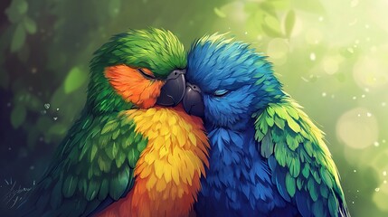 Obraz premium Affectionate Parrots in a Lush Green Environment