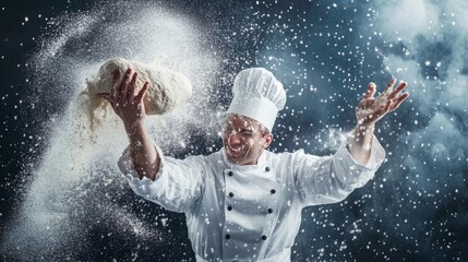 Fototapeta premium Baker tosses dough, flour explosion, dark background, food photography