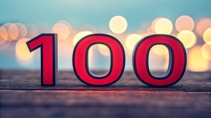 Red number 100 with blurred light background on wooden surface