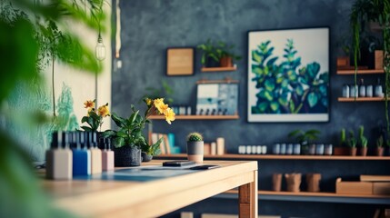 Modern living room with vibrant wall art and lush plants
