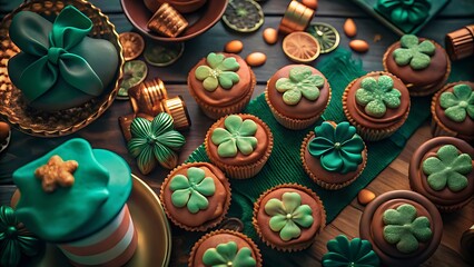 Colorful Irish Themed Dessert Spread with Green Cupcakes, Shamrock Cookies, and Gold Chocolate Coins in Flat-Lay