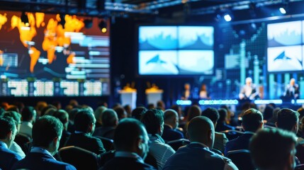 International business conference with speakers, audience interactions, and high-tech presentation tools in a grand event hall. Showcasing global business scale.
