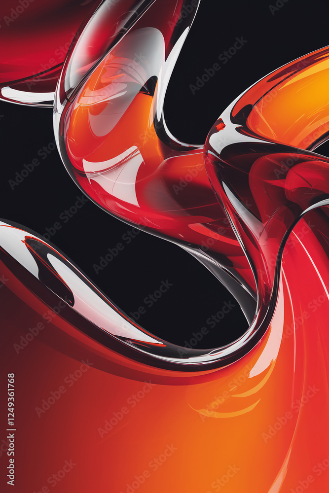Poster abstract flowing shapes in vibrant shades of red and orange, with smooth glass-like texture, represe