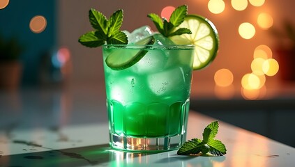 Lively Green Cocktail with Fresh Lime and Mint, Beautifully Lit with Soft Fairy Light Background