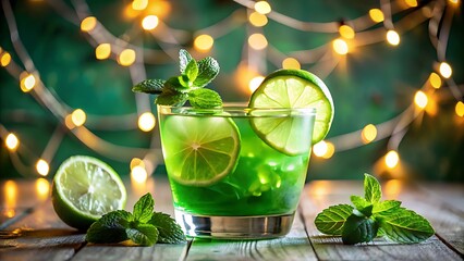 Refreshing Green Cocktail Garnished with Lime and Mint, Glowing Under Festive St. Patrick’s Day Lights