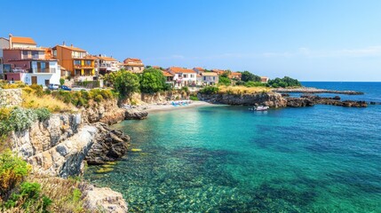 Fototapeta premium Scenic coastal view with clear water, rocky shore, and charming houses under a blue sky.