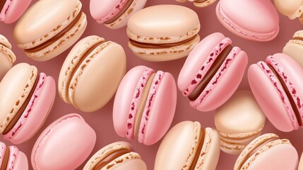 Obraz premium Indulge in a charming display of macarons, showcasing inviting shades of light pink and beige. This artistic arrangement creates a tranquil aesthetic ideal for culinary-themed projects