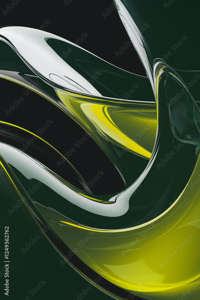 Poster Abstract design with smooth flowing green and yellow curves, creating a sense of dynamic energy and modern aesthetics. Digital 3D fluid shape
